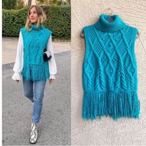 Zara Teal Cable Knit Cowl Neck Sweater with tassels